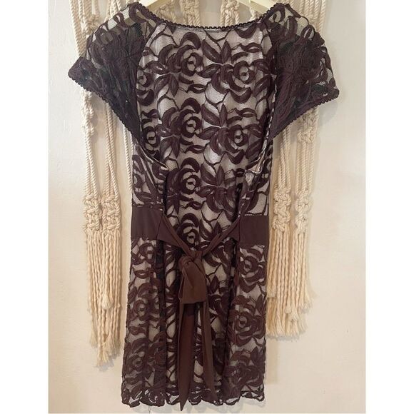 Y2K Brown Floral Lace Babydoll Top Size L Whimsigoth Fairy Y2K Deep V Tunic - Picture 2 of 7